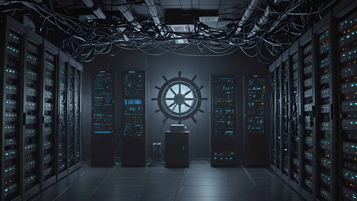 AI generated image of a server room with a ship's wheel in the center.
